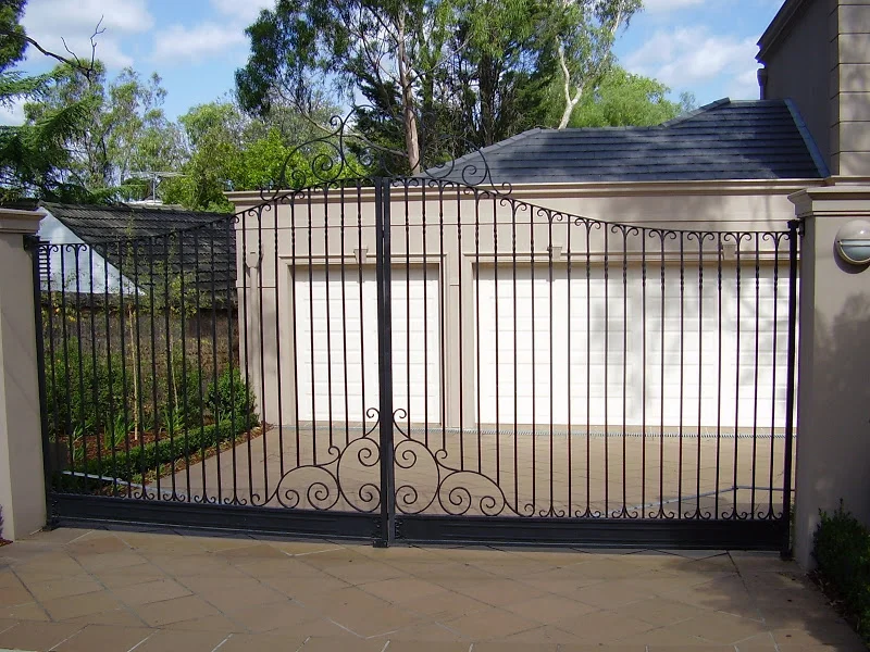 Black wrought iron double swing gates